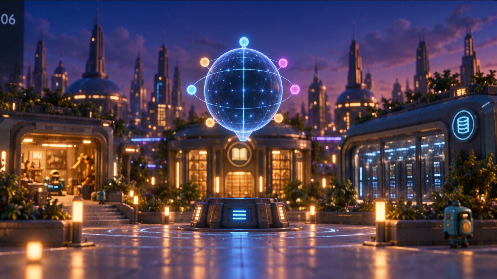 A futuristic workshop courtyard at dusk
