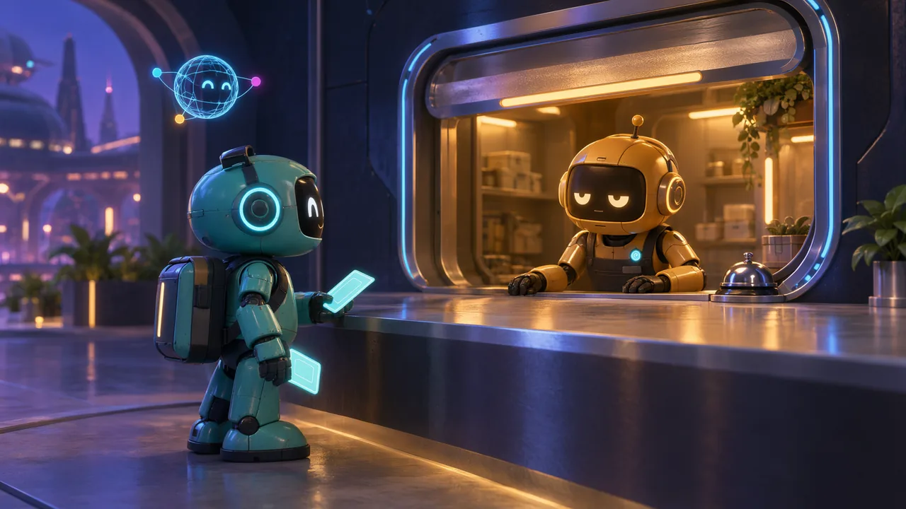 The courier holds up a glowing request card.